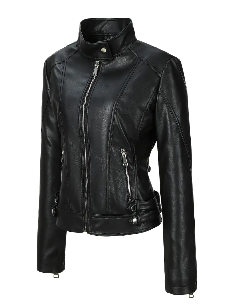 Women's PU Leather Moto Jacket with Stand Collar and Zipper Detail – Sexy, Elegant Polyester-Lined Non-Stretch Long Sleeve Jacket for Spring/Fall Weekend Casual – Skinny Fit Solid Color Woven Outerwear