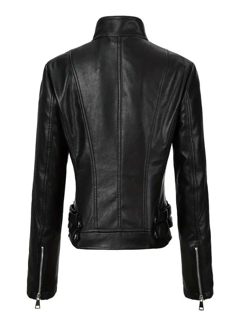 Women's PU Leather Moto Jacket with Stand Collar and Zipper Detail – Sexy, Elegant Polyester-Lined Non-Stretch Long Sleeve Jacket for Spring/Fall Weekend Casual – Skinny Fit Solid Color Woven Outerwear