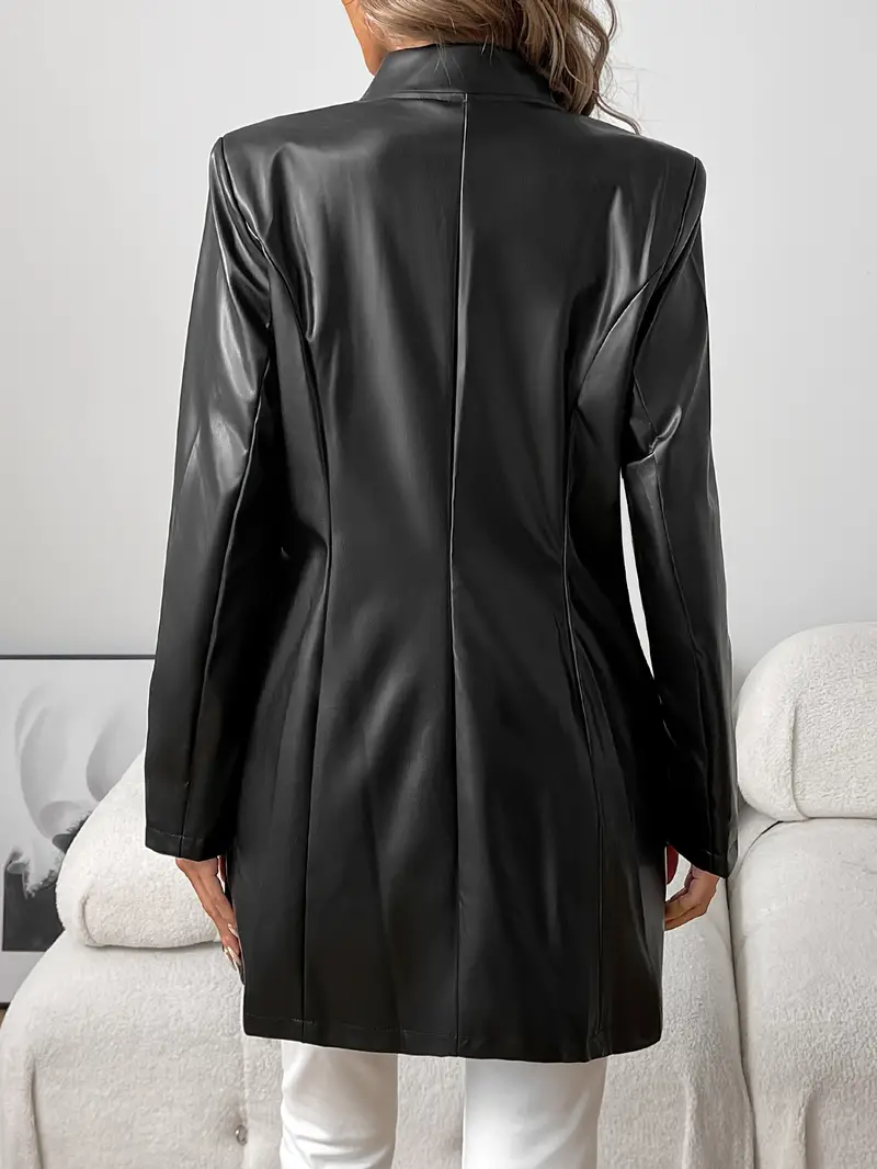 Elegant Plus Size Faux Leather Jacket for Women - Waterproof, Long Sleeve with Button Detail, Round Neck - Perfect for Spring/Fall