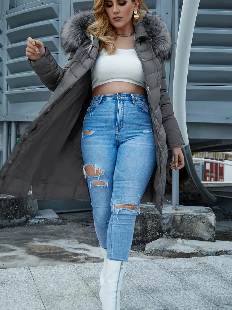 Stylish Plus Size Solid Color Hooded Coat - Plus Size Winter Coats with Button and Zipper Front, Long Sleeves, Warm and Casual Outerwear for Fall and Winter Seasons - Women's Cozy Clothing for Cold Weather