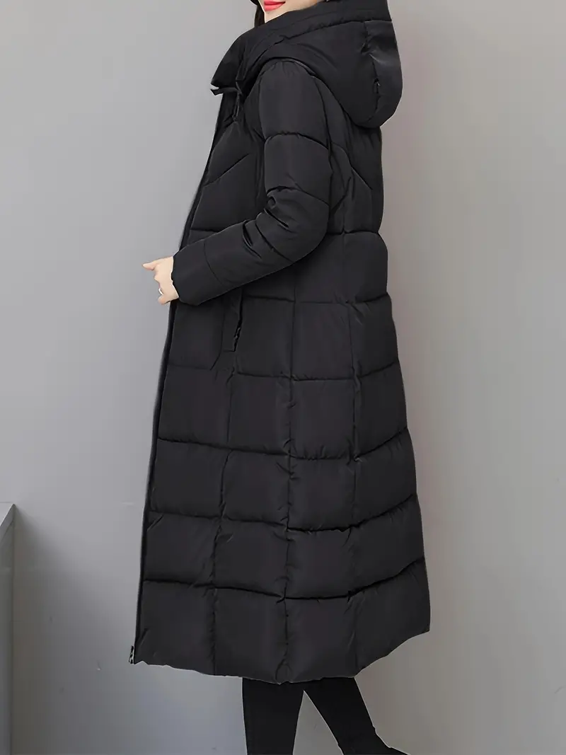 Elegant Long Puffer Coat for Women - 100% Polyester Non-Stretch Fabric, Solid Color with Long Sleeves, Full-Length Zippered Winter Jacket with Regular Fit - Warm Quilted Outerwear