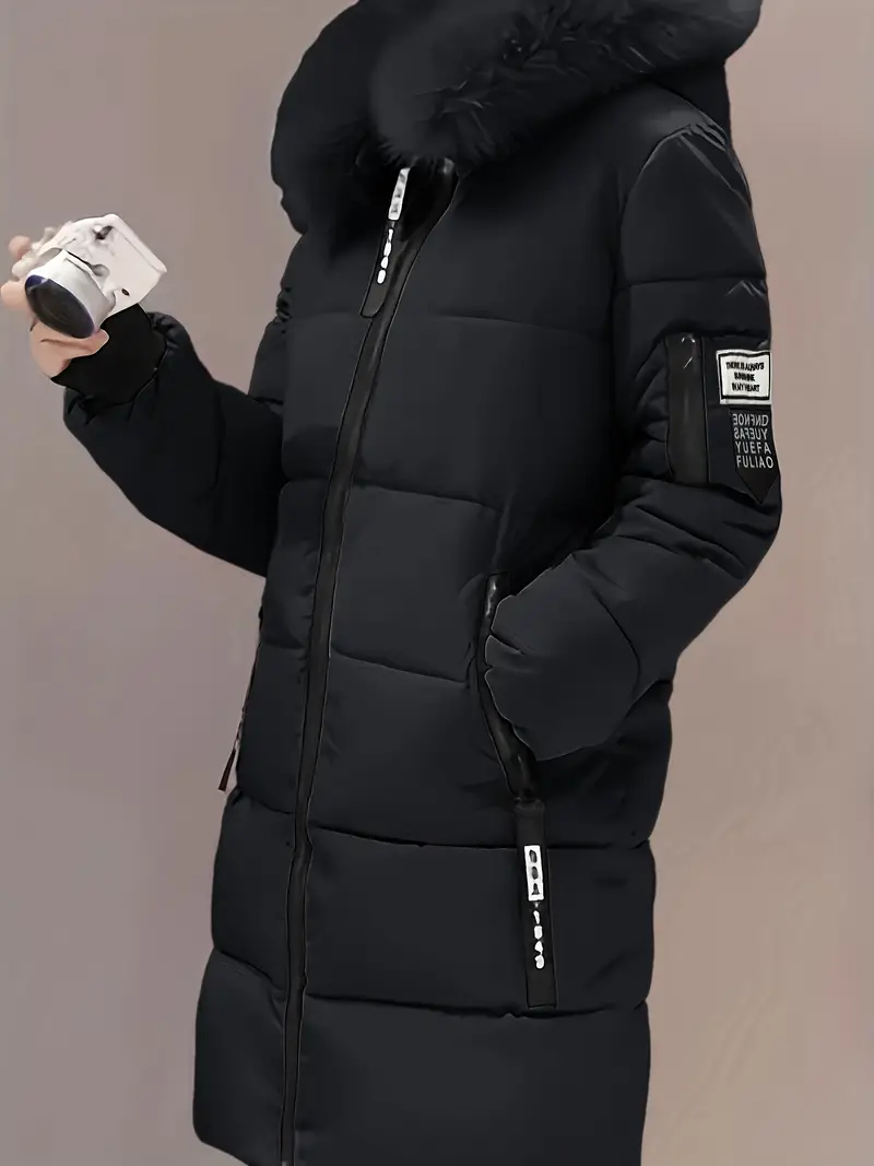 Women's Long Zip-Up Hooded Coat with Detachable Faux Fur Collar - Casual, Warm Polyester Outerwear