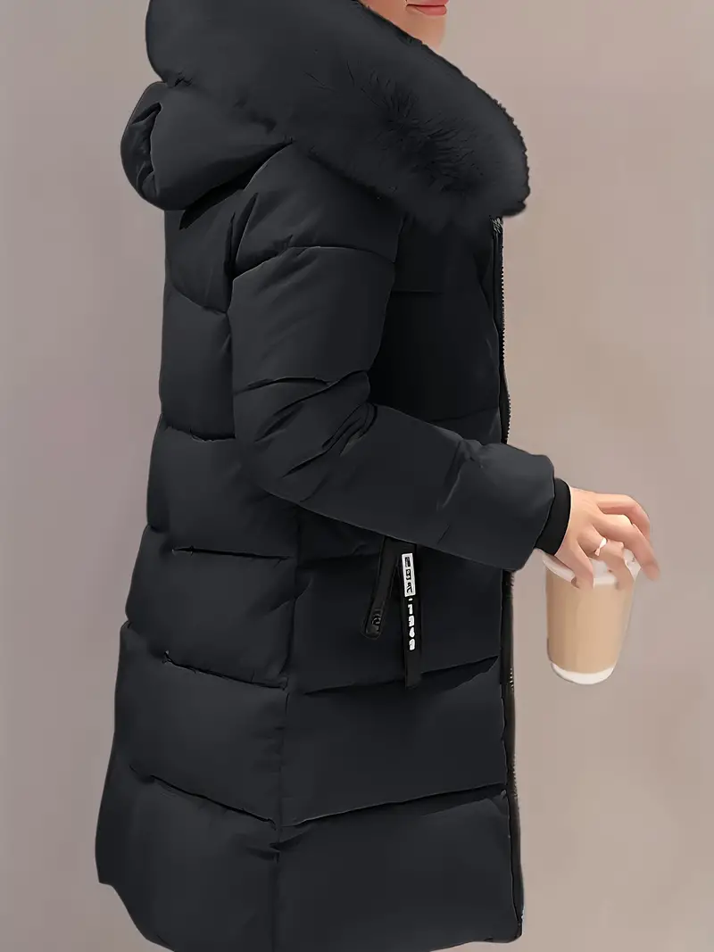 Women's Long Zip-Up Hooded Coat with Detachable Faux Fur Collar - Casual, Warm Polyester Outerwear