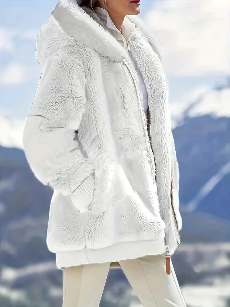Cozy Fuzzy Hooded Coat - Soft, Warm, and Water-Resistant with Zip-Up Drawstring, Multiple Pockets, and Casual Style for Fall and Winter - Women's Clothing for Everyday Wear