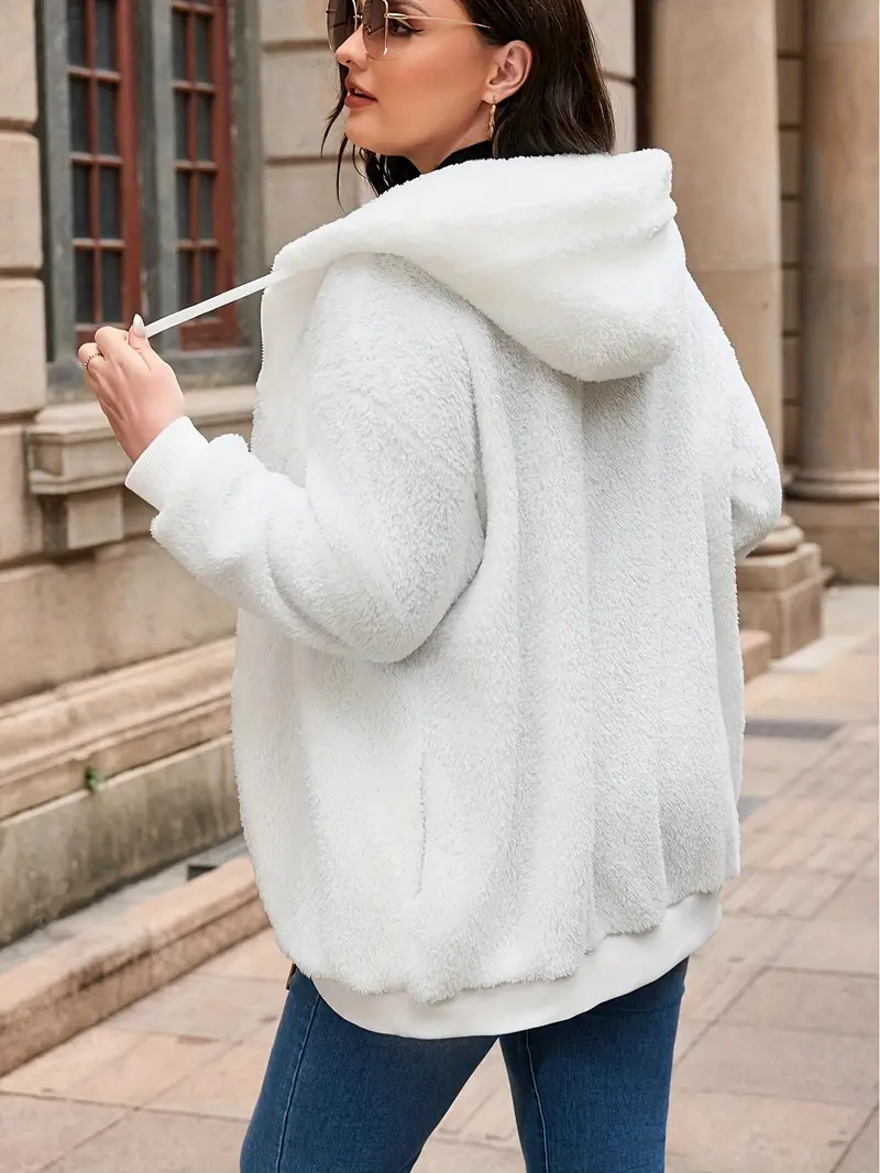 Cozy Fuzzy Hooded Coat - Soft, Warm, and Water-Resistant with Zip-Up Drawstring, Multiple Pockets, and Casual Style for Fall and Winter - Women's Clothing for Everyday Wear