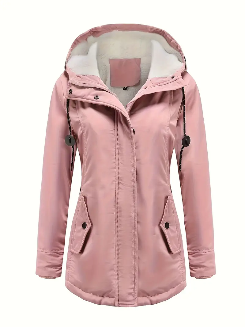 Solid Hood Thicken Parkas Long Coats, Casual Coat For Fall & Winter, Women's Clothing
