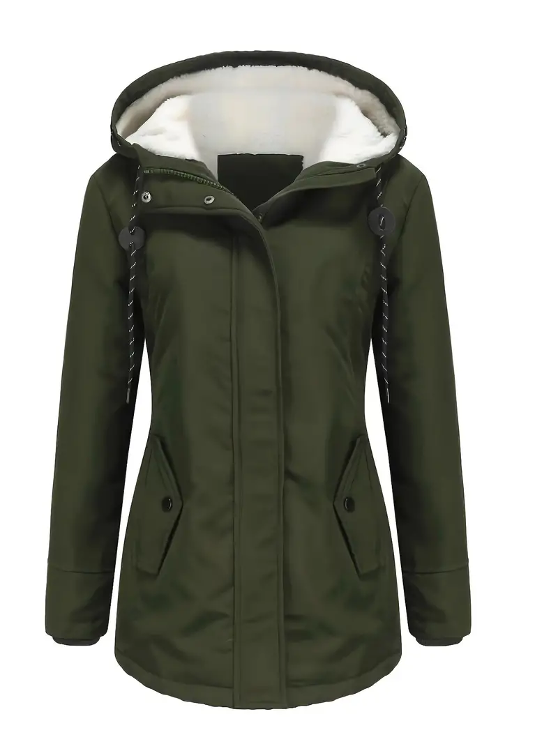 Solid Hood Thicken Parkas Long Coats, Casual Coat For Fall & Winter, Women's Clothing
