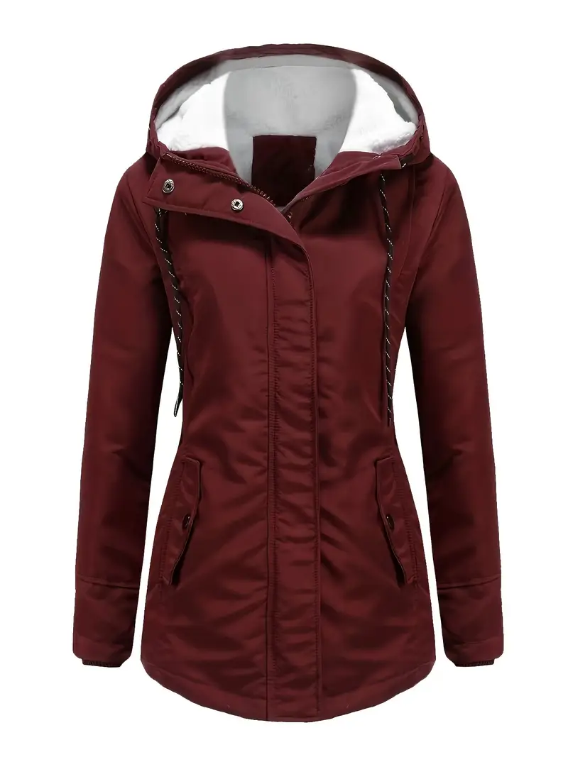 Solid Hood Thicken Parkas Long Coats, Casual Coat For Fall & Winter, Women's Clothing