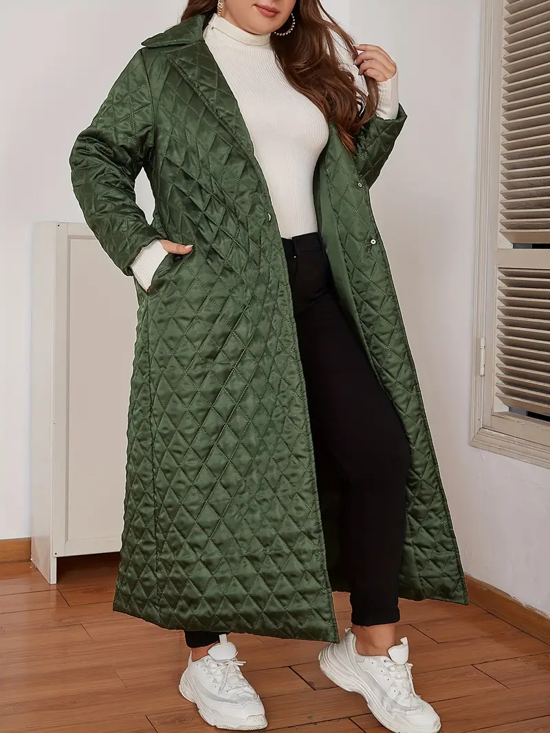 Plus Size Casual Coat, Women's Plus Solid Quilted Long Sleeve Button Up Lapel Collar Longline Puffer Coat