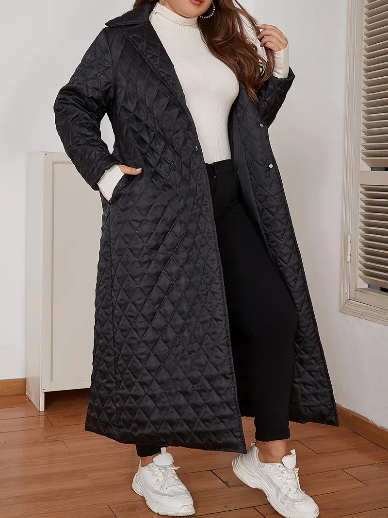 Plus Size Casual Coat, Women's Plus Solid Quilted Long Sleeve Button Up Lapel Collar Longline Puffer Coat