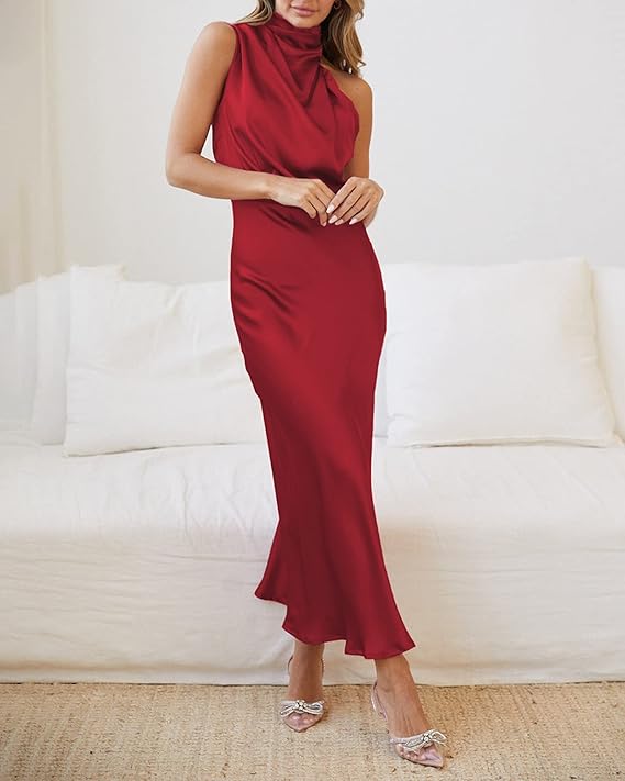 BTFBM Women's Sleeveless Cocktail Dresses Mock Neck Keyhole Elastic High Waist Wedding Guest Evening Party Maxi Dress