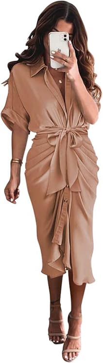 BTFBM 2024 Women Button Down Ruched Shirt Dresses Short Sleeve Lapel V Neck Elegant Party Spring Summer Maxi Satin Dress