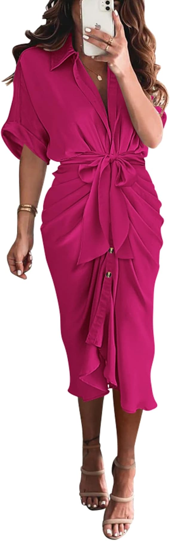 BTFBM 2024 Women Button Down Ruched Shirt Dresses Short Sleeve Lapel V Neck Elegant Party Spring Summer Maxi Satin Dress
