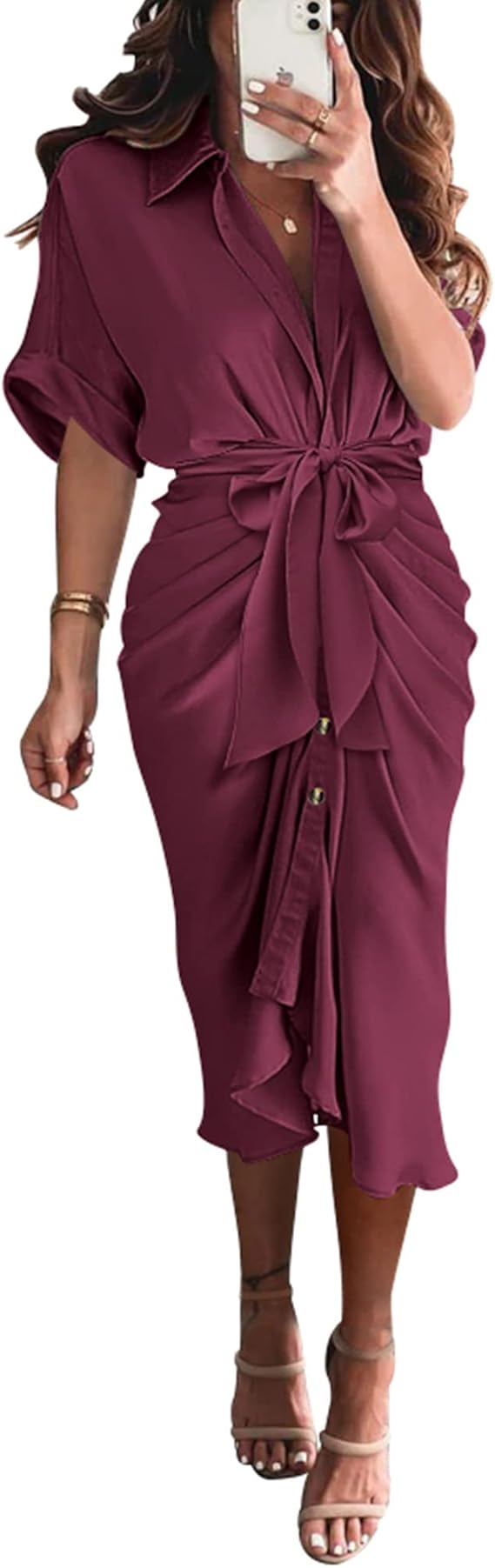 BTFBM 2024 Women Button Down Ruched Shirt Dresses Short Sleeve Lapel V Neck Elegant Party Spring Summer Maxi Satin Dress