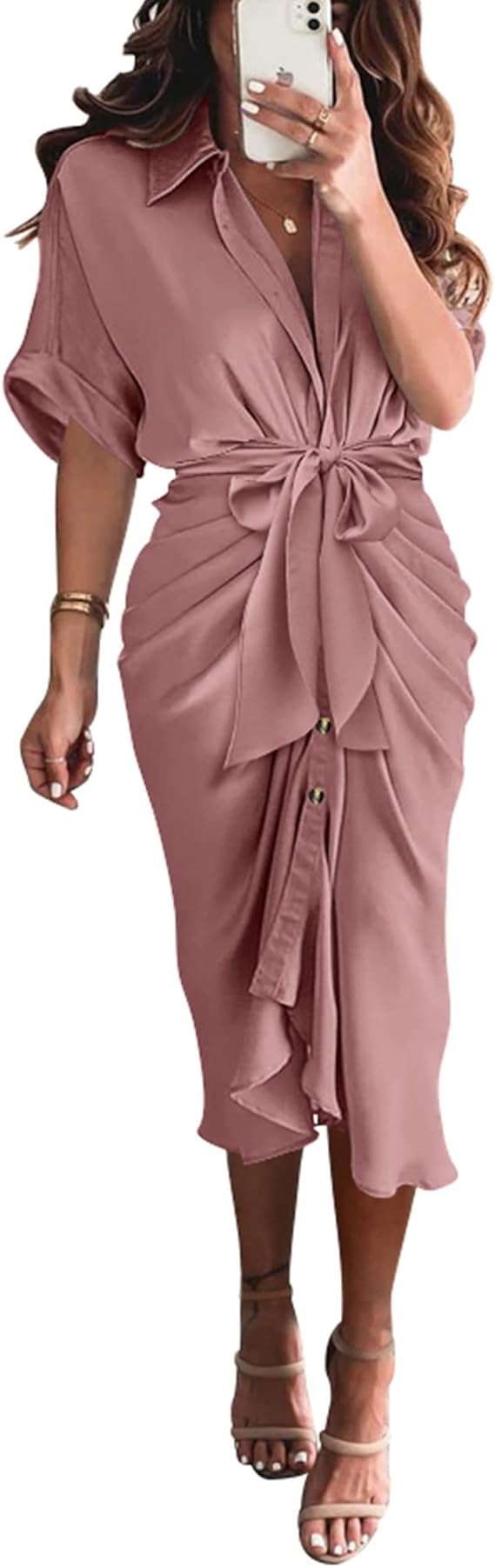 BTFBM 2024 Women Button Down Ruched Shirt Dresses Short Sleeve Lapel V Neck Elegant Party Spring Summer Maxi Satin Dress