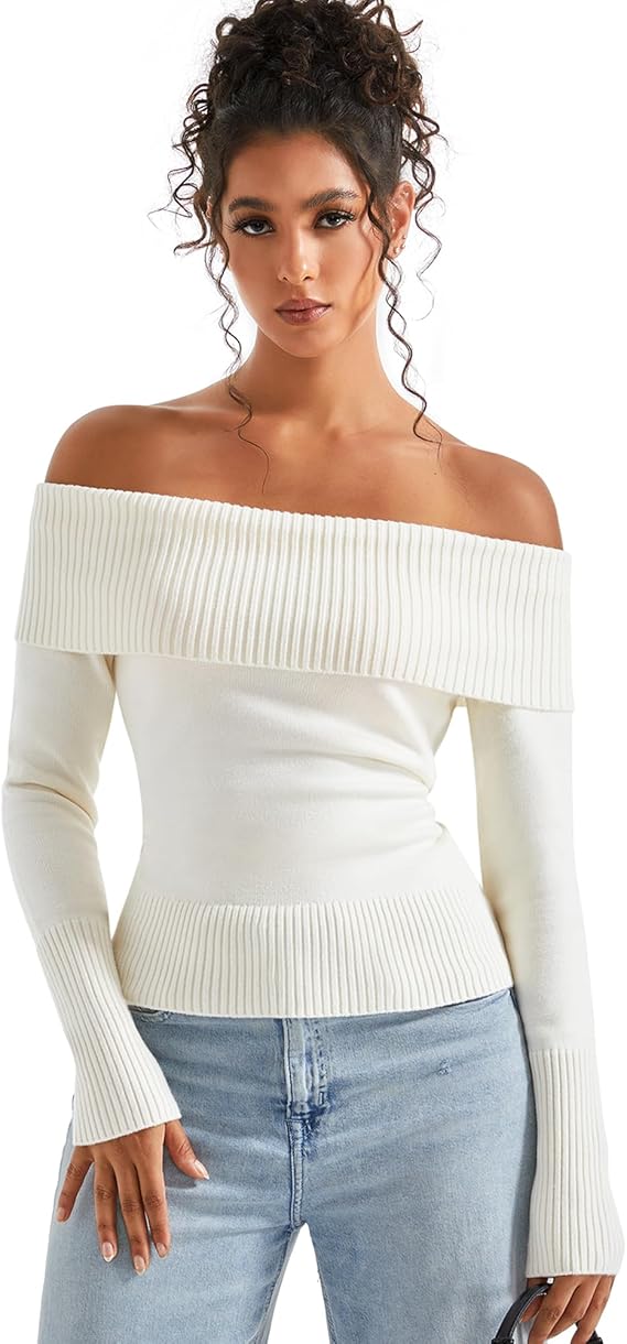 SUUKSESS Women Off Shoulder Sweaters Long Sleeve Ribbed Knit Going Out Fall Tops Blouse