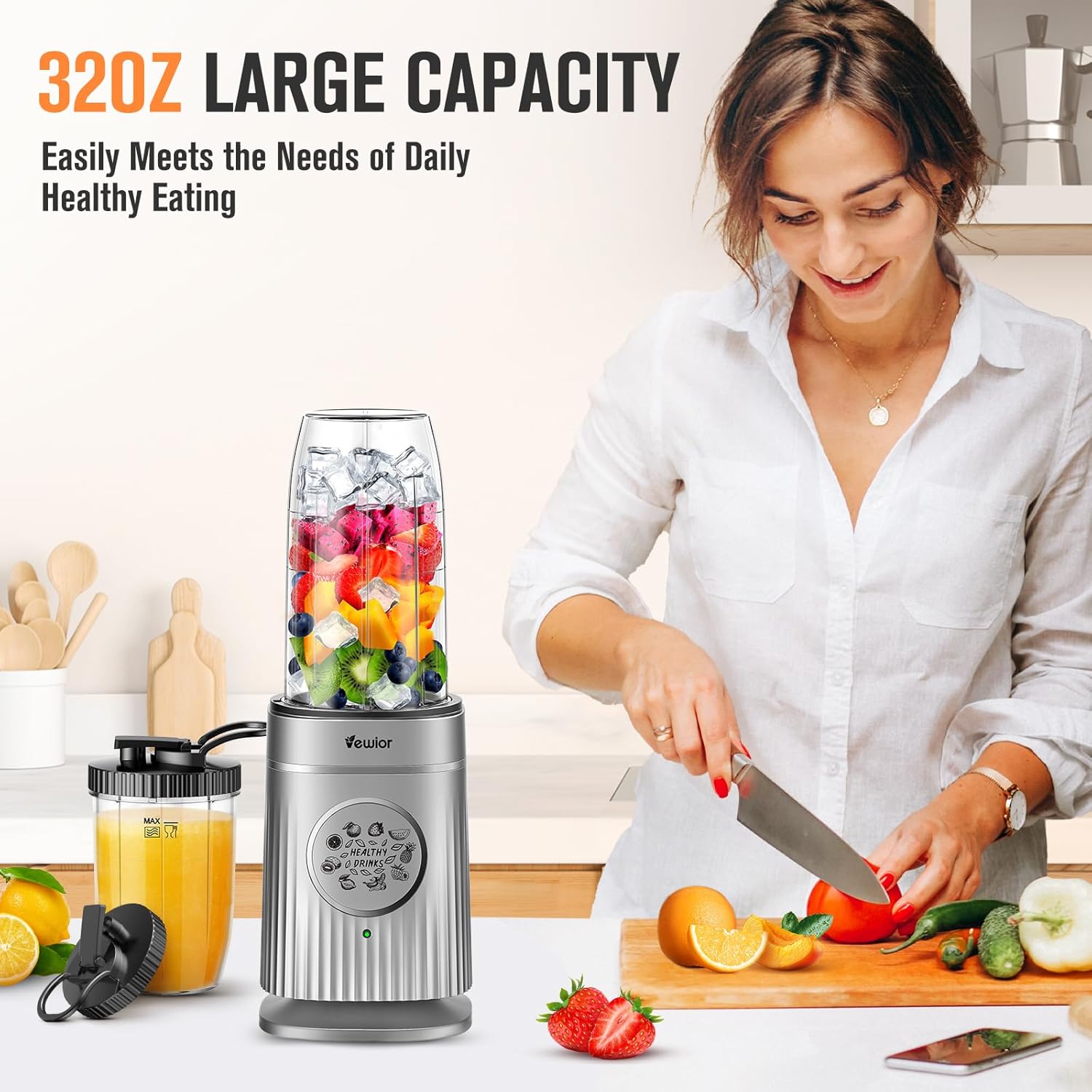 VEWIOR Smoothie Blender, 1500W Personal Blender for Shakes and Smoothies with 32 oz & 24 oz To-Go Cups, Countertop Portable Blenders for Kitchen Ideal for Frozen Juices, Baby Food, Smoothies, Sauces