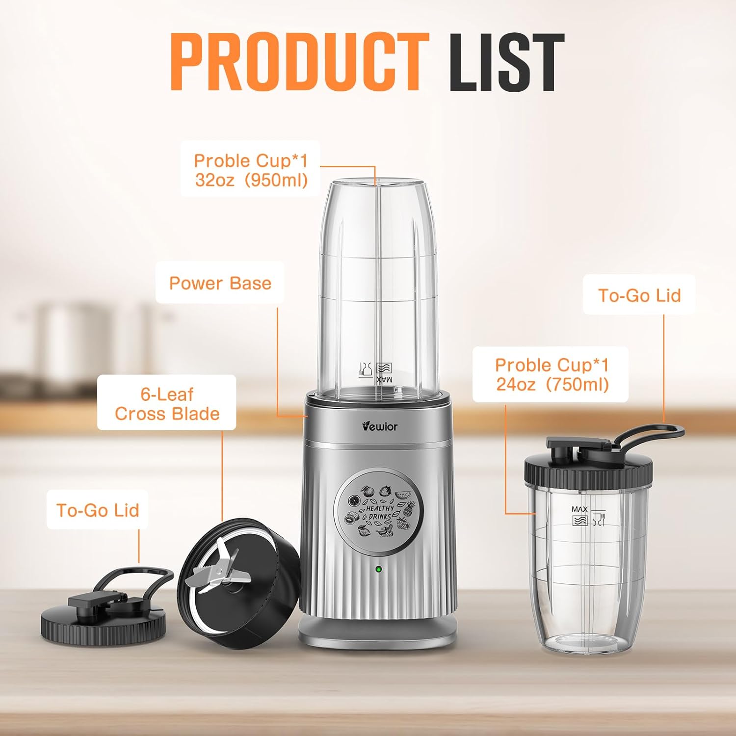 VEWIOR Smoothie Blender, 1500W Personal Blender for Shakes and Smoothies with 32 oz & 24 oz To-Go Cups, Countertop Portable Blenders for Kitchen Ideal for Frozen Juices, Baby Food, Smoothies, Sauces