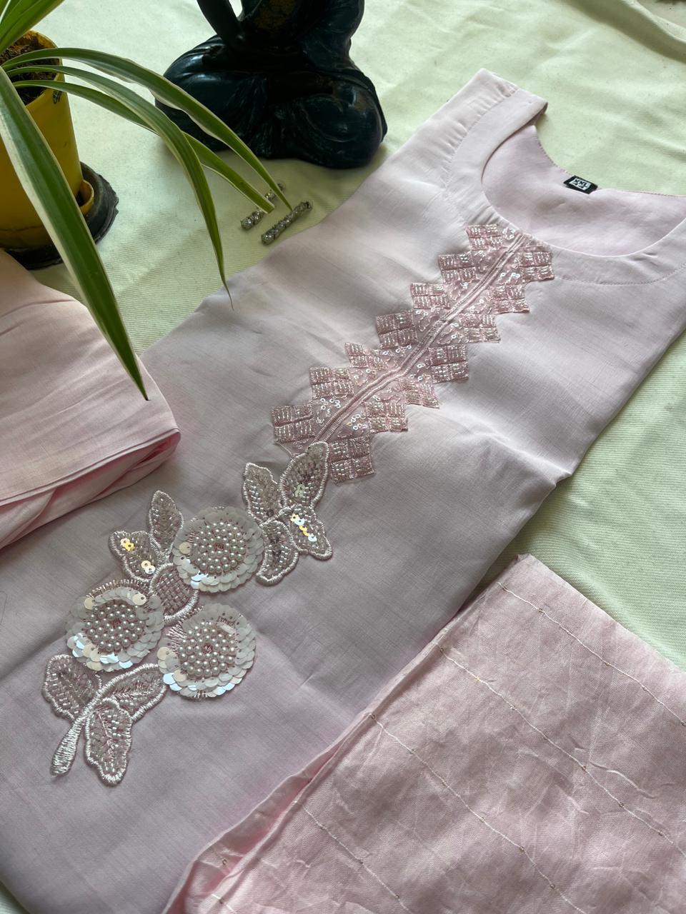 Elegant Pink 3-Piece Kurta Set with Intricate Embroidery and Lace Cut-Outs