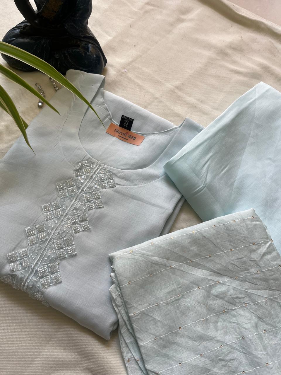 ShrutiKala Women's Sky Blue Cotton Kurta Set with Elegant Lace Detailing - 3-Piece Kurta, Dupatta, and Pants