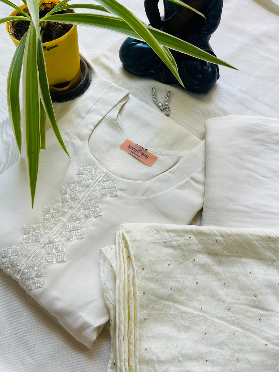 ShrutiKala Women's Pastel Lemon Kurta Set with Elegant Lace Detailing - 3-Piece Kurta, Dupatta, and Pants