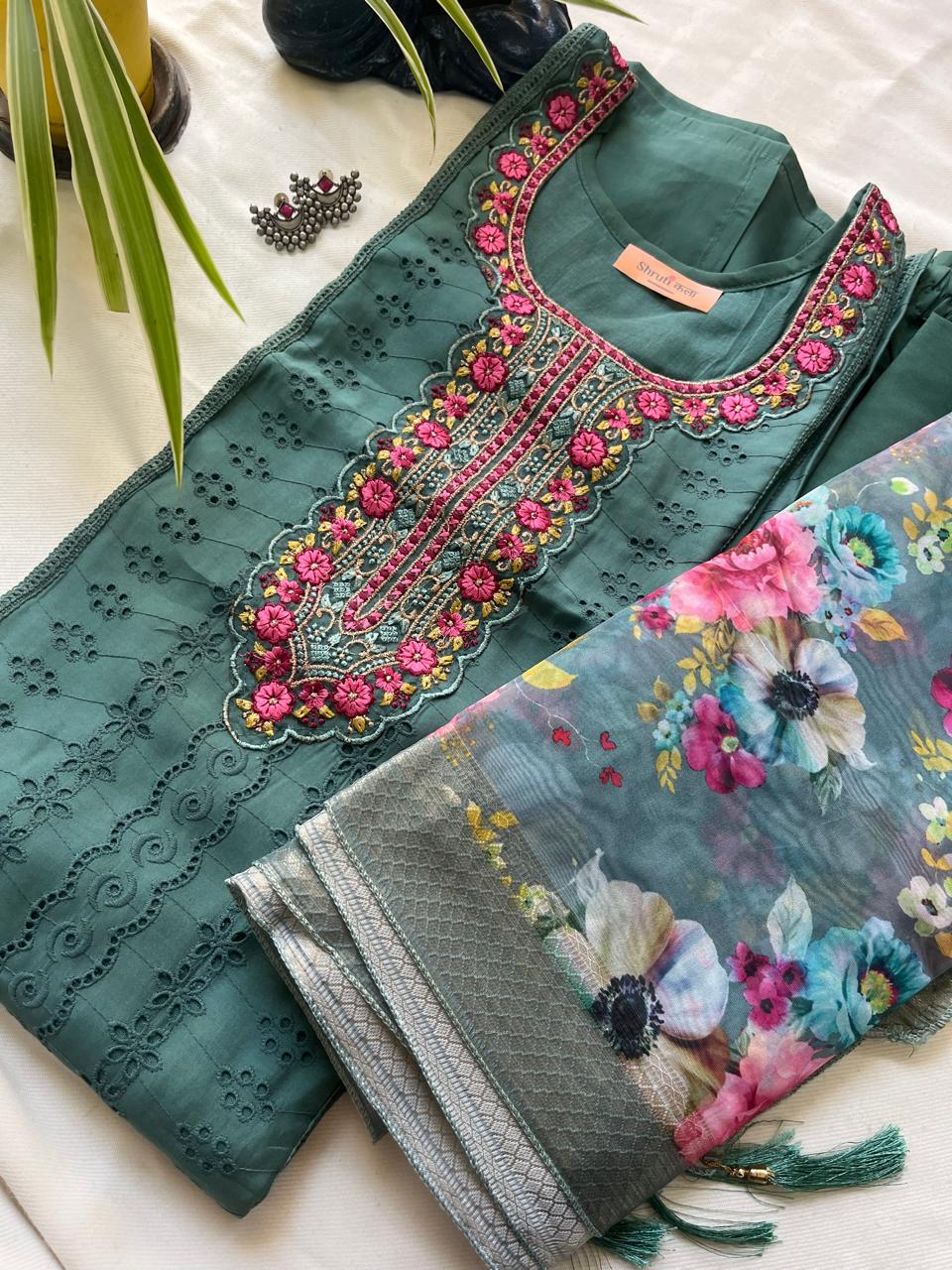 Teal Green Floral Fusion Kurta Set
