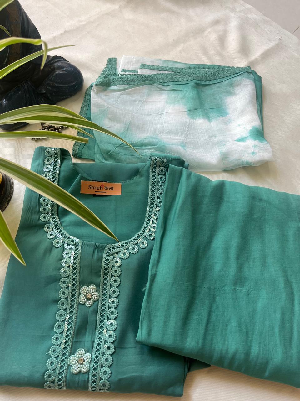 Elegant Teal Green Embroidered Kurta Set with Dupatta