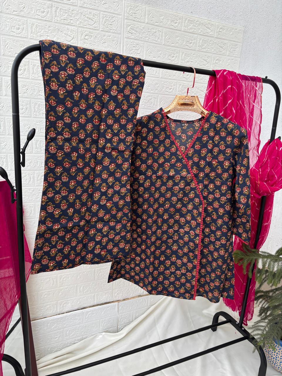 Navy Blue | Printed Cotton Co-ord Set with Palazzo