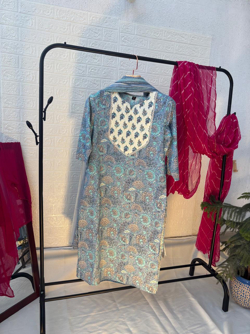 Powder Blue Straight Kurta Set with Dupatta