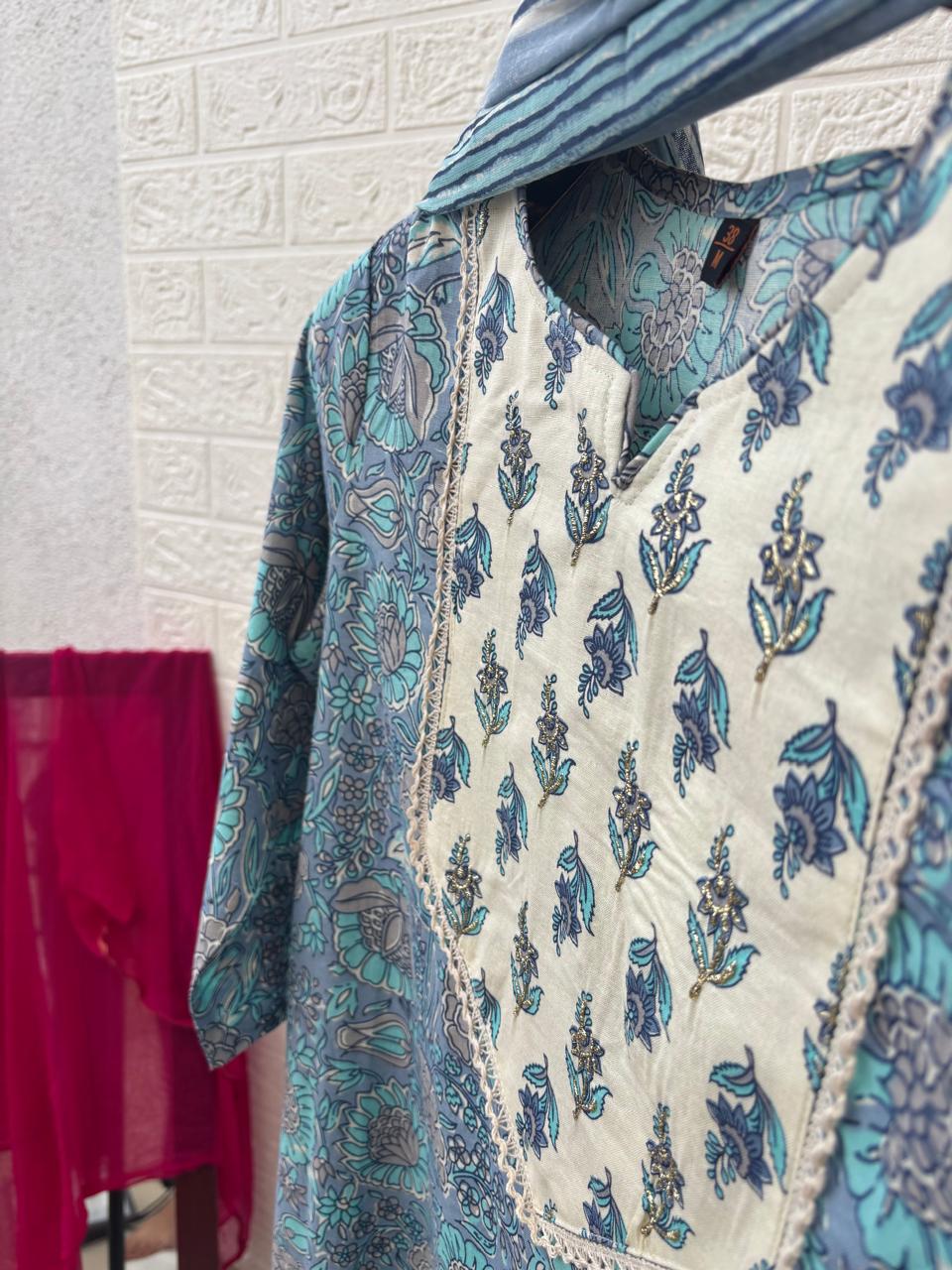 Powder Blue Straight Kurta Set with Dupatta