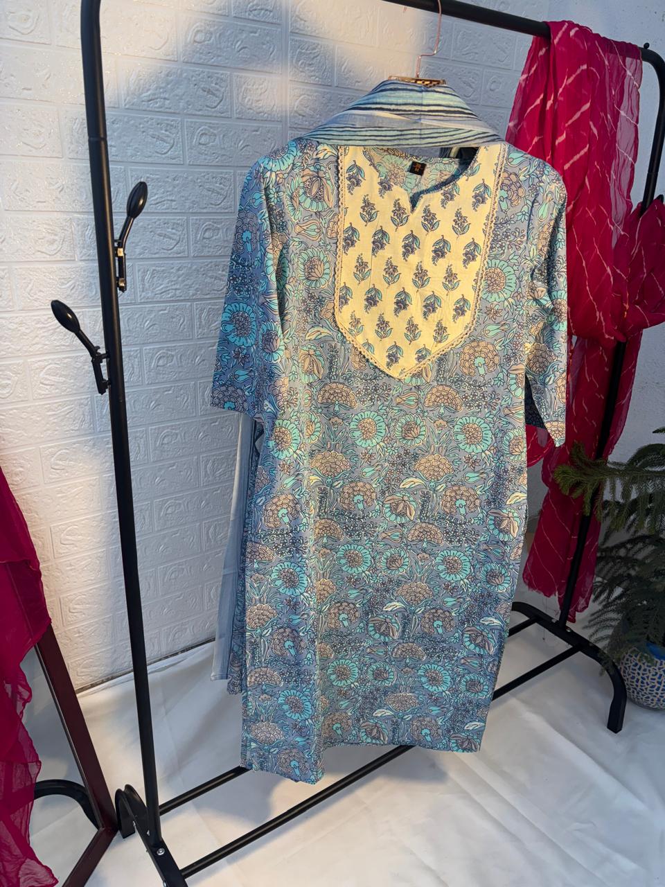 Powder Blue Straight Kurta Set with Dupatta