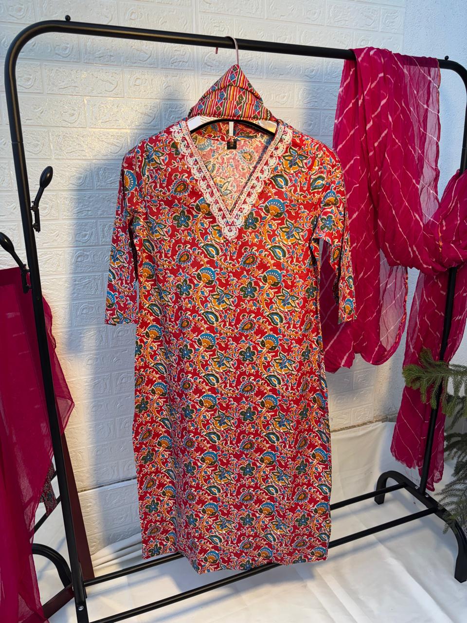 3 Piece Floral V Neck Red Kurta Set