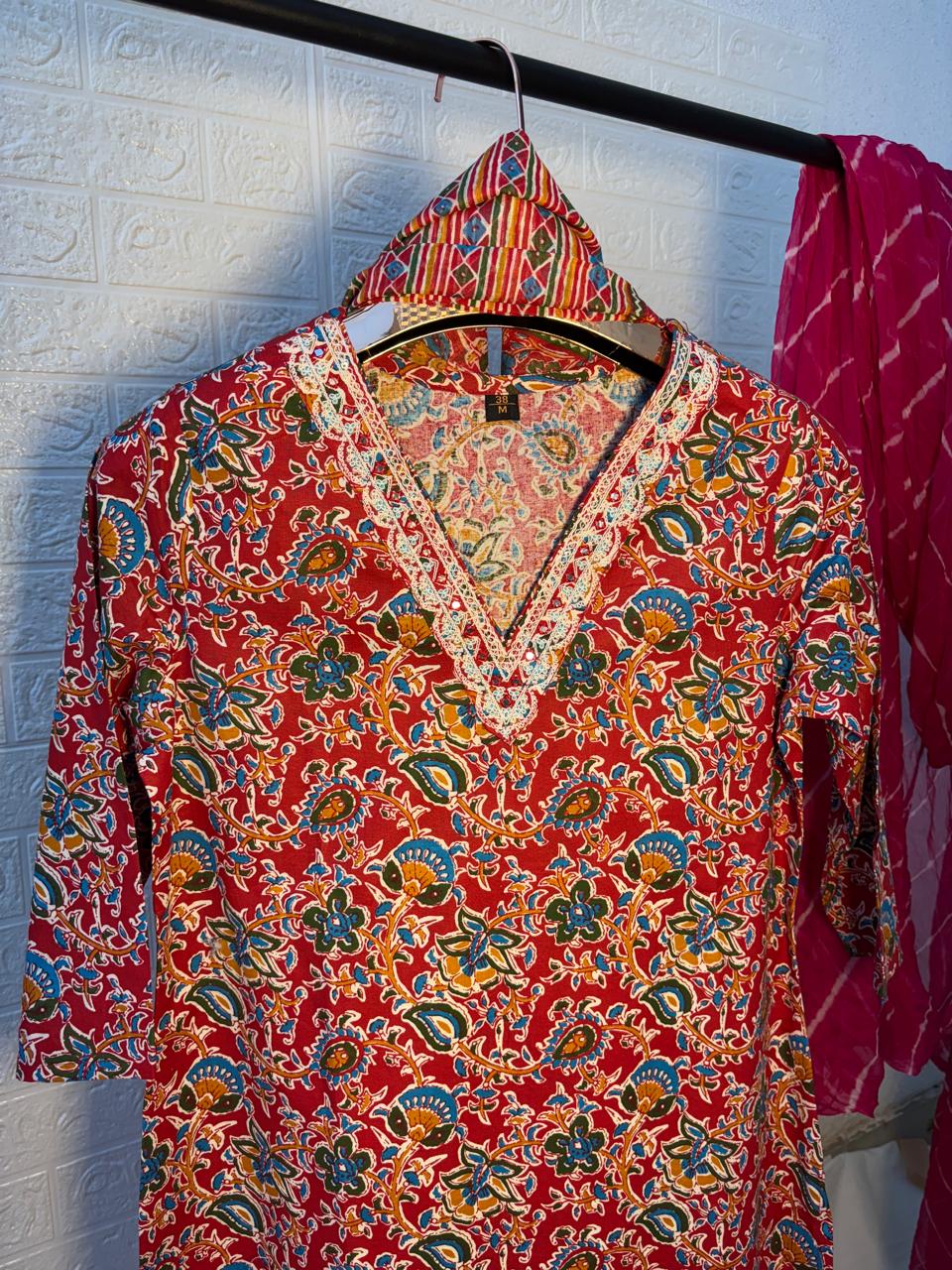 3 Piece Floral V Neck Red Kurta Set