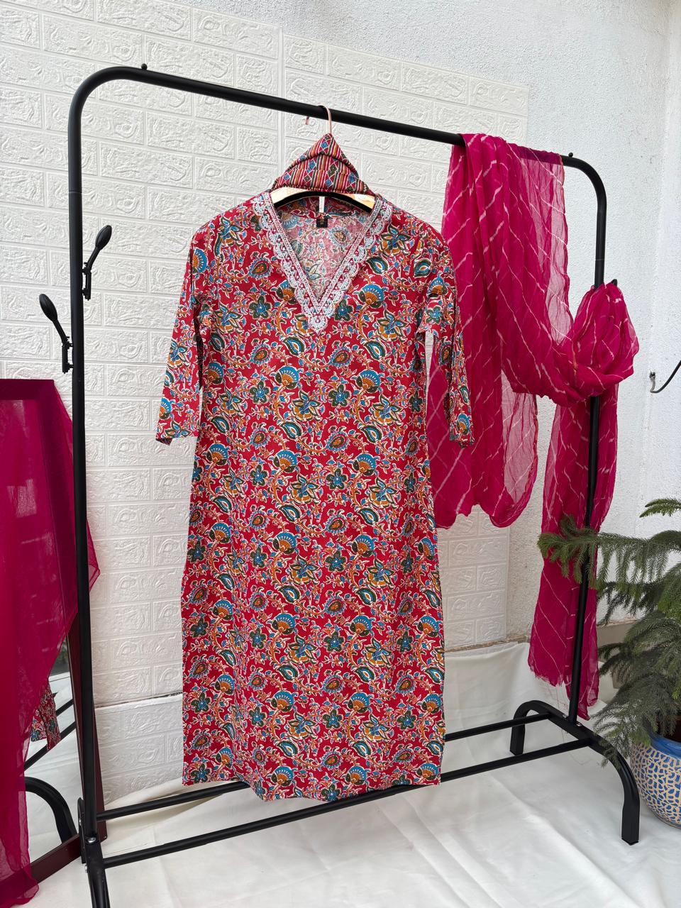 3 Piece Floral V Neck Red Kurta Set