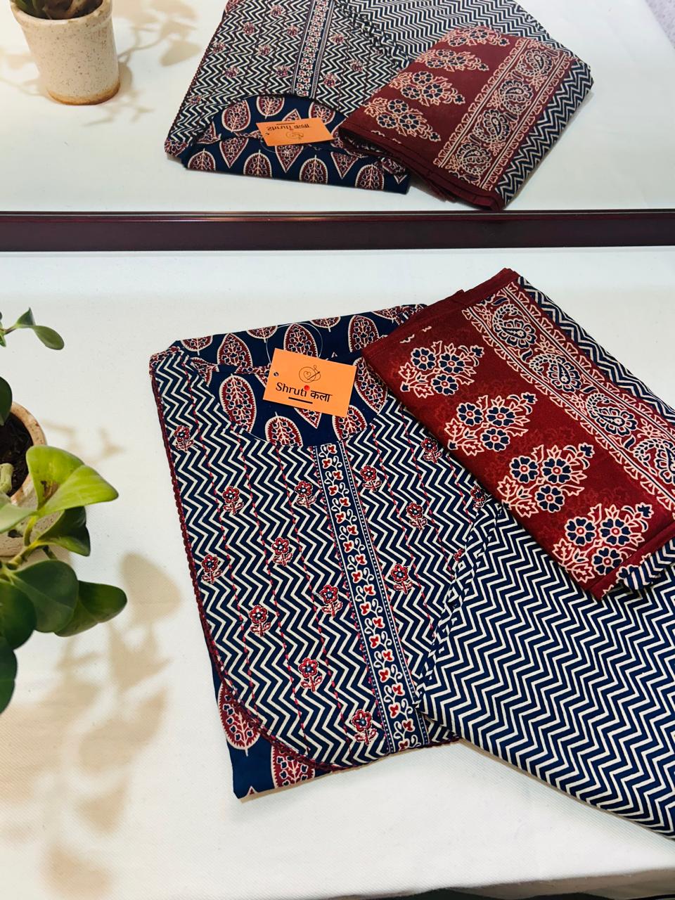 Elegant Navy Blue & Maroon 3-Piece Cotton Kurta Set