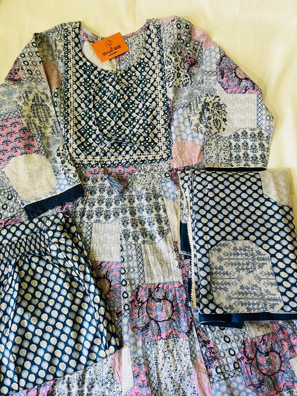 Elegant White & Light Blue Cotton Flare 3-Piece Dress with Lace Detailing