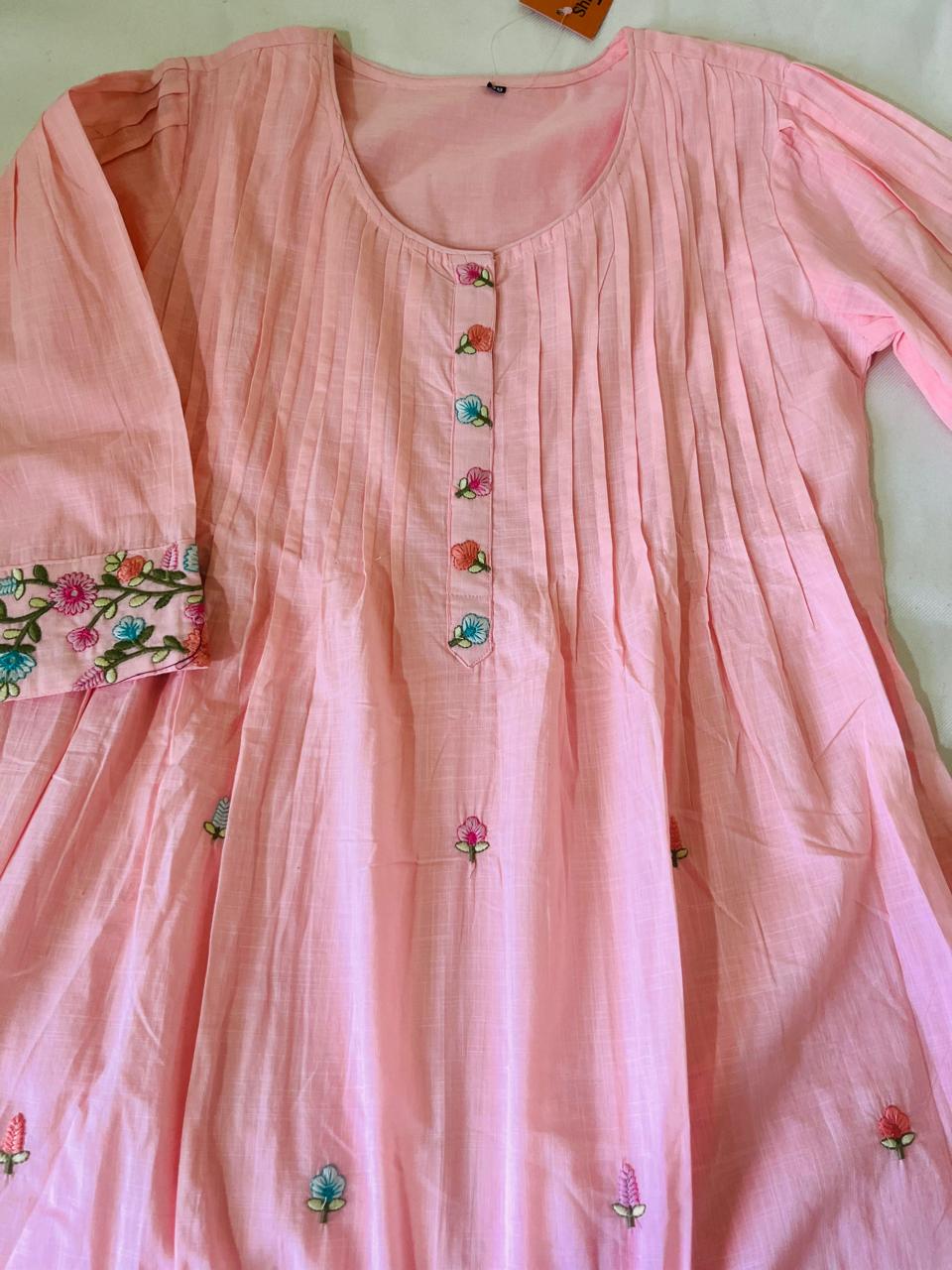 Elegant Baby Pink 3-Piece Mul Cotton Dress with Intricate Hand Embroidery