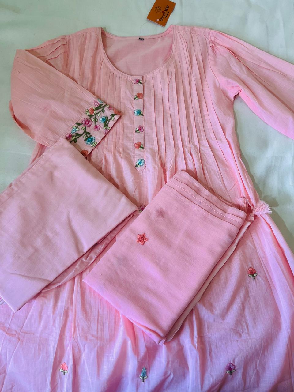 Elegant Baby Pink 3-Piece Mul Cotton Dress with Intricate Hand Embroidery