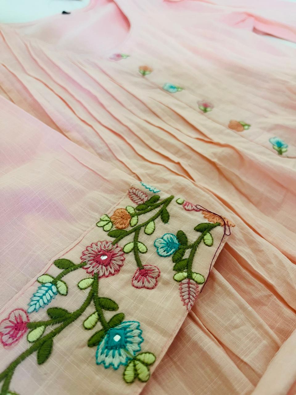 Elegant Baby Pink 3-Piece Mul Cotton Dress with Intricate Hand Embroidery