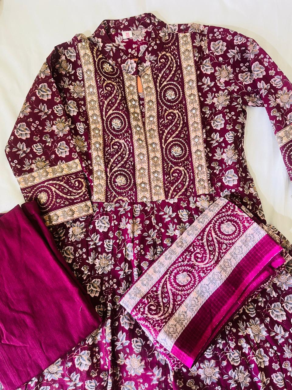 Elegant Maroon Flared 3-Piece Cotton Dress with Neck Detailing