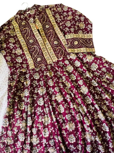 Elegant Maroon Flared 3-Piece Cotton Dress with Neck Detailing