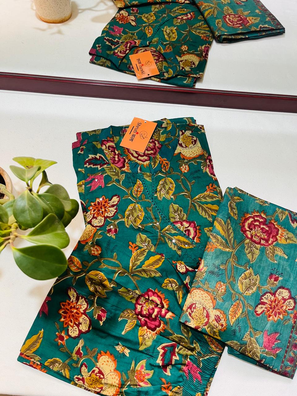 Graceful Green Floral 3-Piece Cotton Kurta Set with Angarkha Pattern