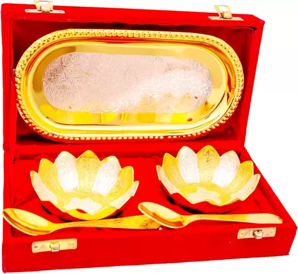 Silverplated Designer Beautiful Coporate and Occassional Brass Bowl & Spoon Set with Velvet Gift Box