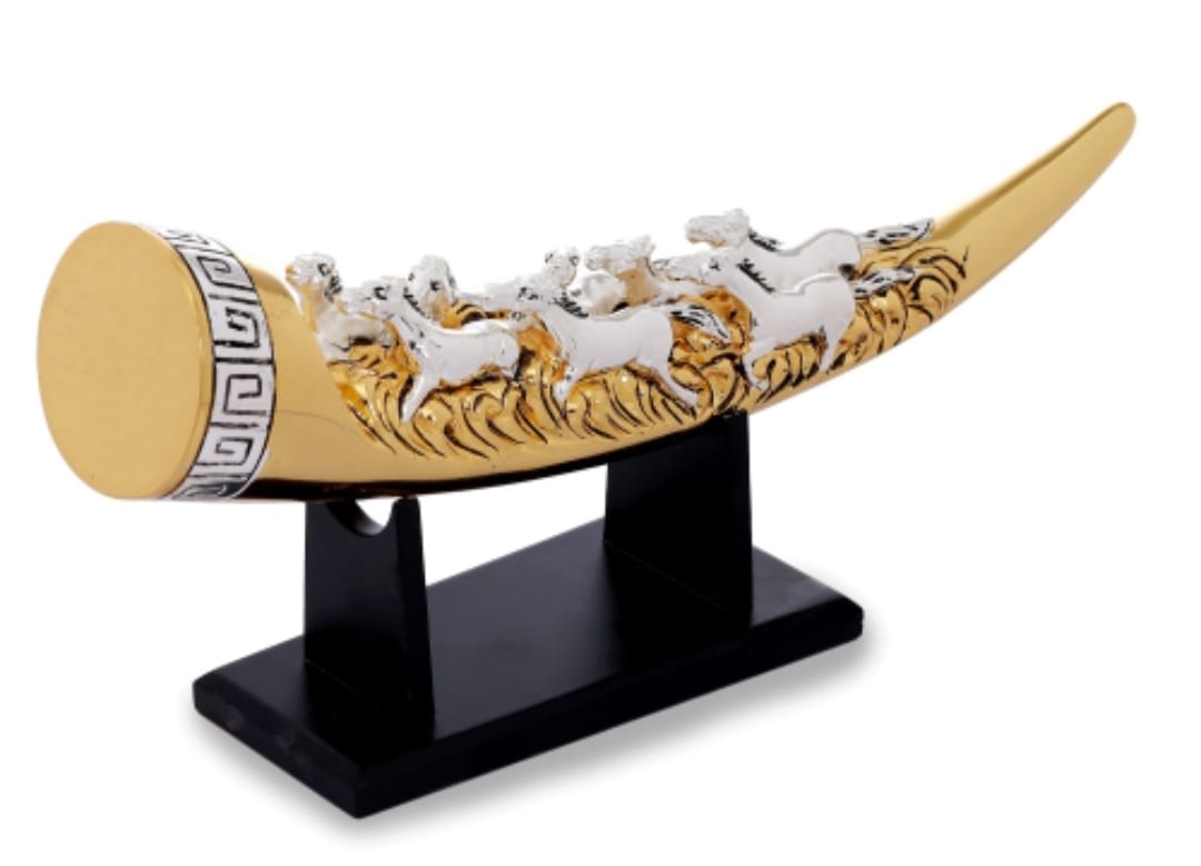 Seven Horses on Tusk Dual-Tone Silver Gold Plated Metal Artifact Decor
