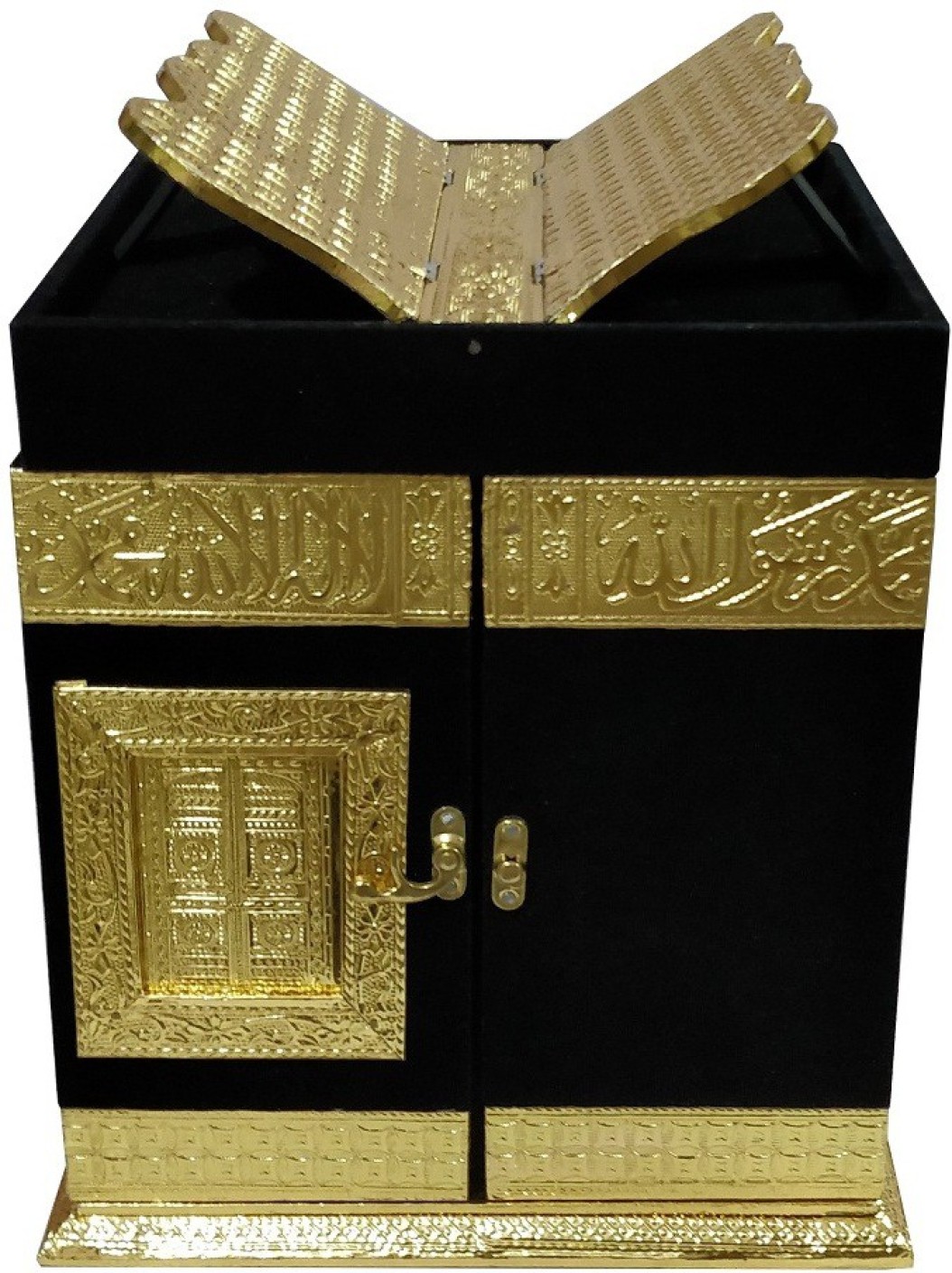 Handcrafted Qaba Shaped Quran Box with Reehal Religious Decorative Velvet Book Box