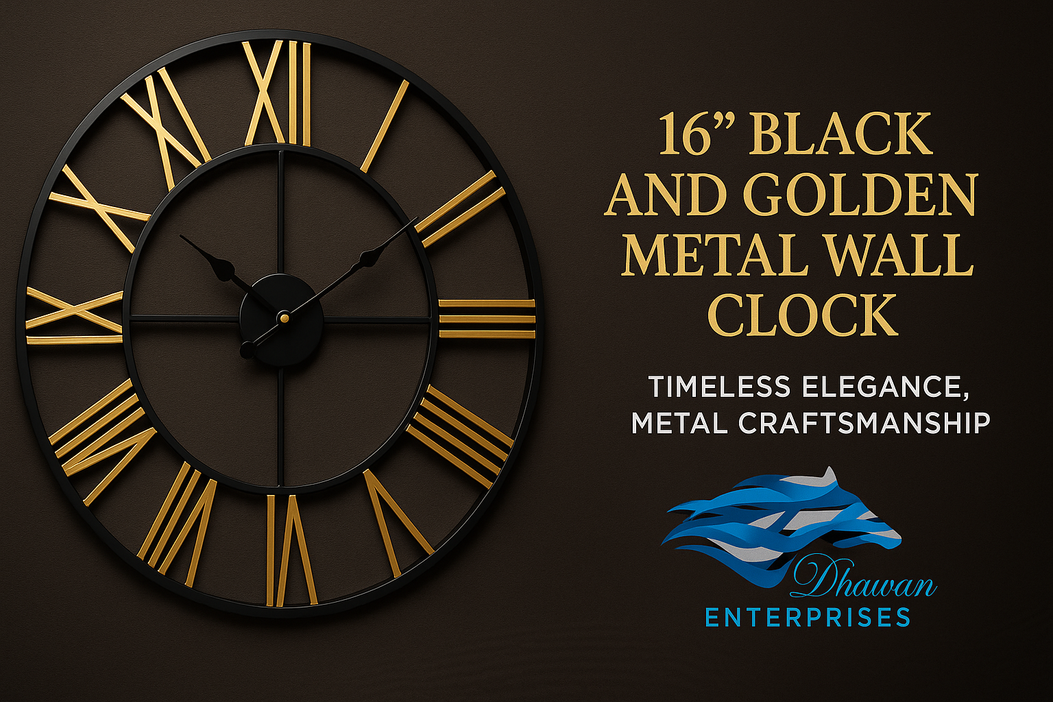16” Black and Golden Metal Wall Clock