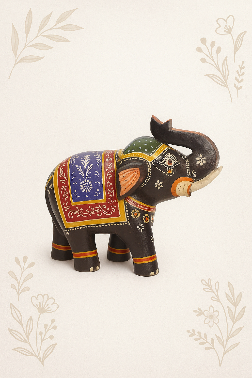 Handmade and Handcarved Handpainted Wooden Elephant Figurine