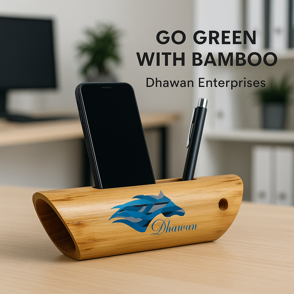 Custom Branded Handcrafted Eco-Friendly Bamboo Mobile Holder Speaker with Pen Stand