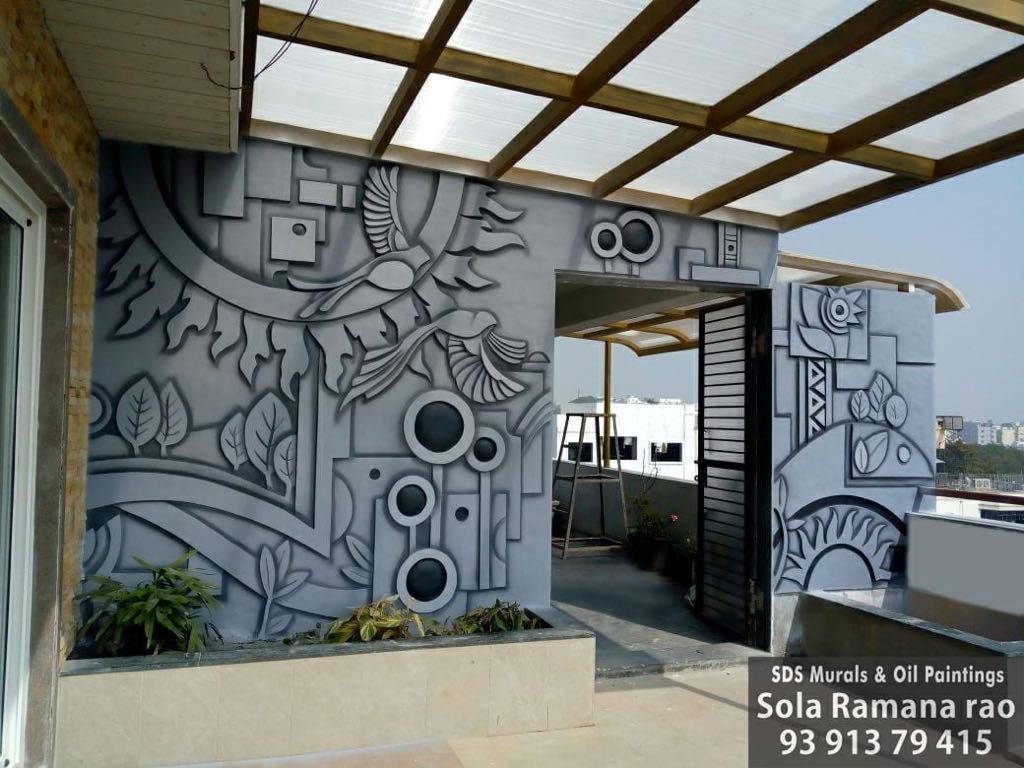 14ft x 9ft Abstract Nature Cement Exterior Mural for Terrace for 5 stair building