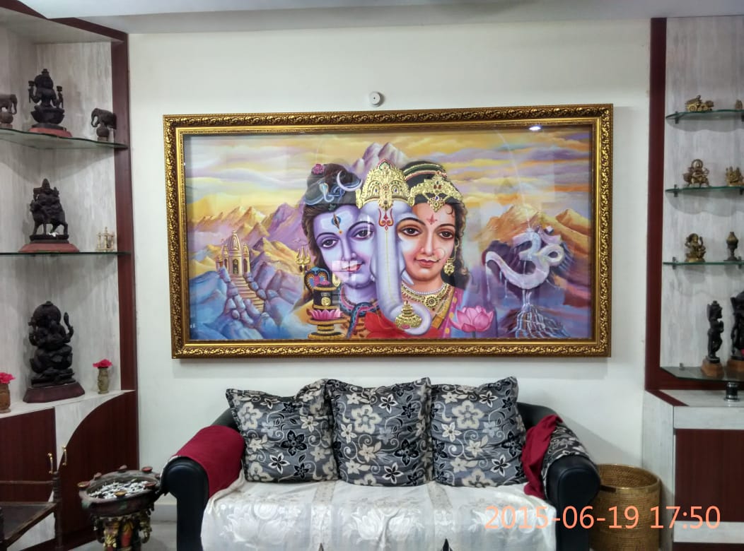 8ft x 4ft Shiva Parvathi Ganesha in Tanjore style Painting for Independant House